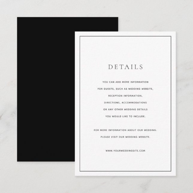 Carte de détails Mariage noir et blanc classique (Devant / Derrière)