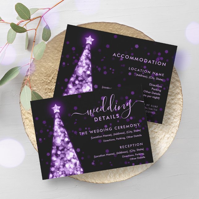 Carte de détails Mariage violet de l'arbre de Noël (Festive Xmas Tree Purple Wedding Details Card)