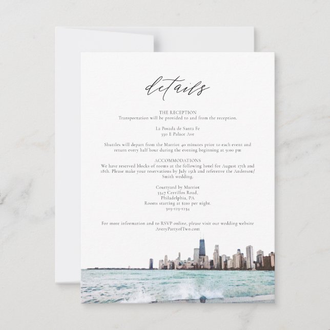 Carte de détails Mariage Watercolor Chicago Skylin (Devant)