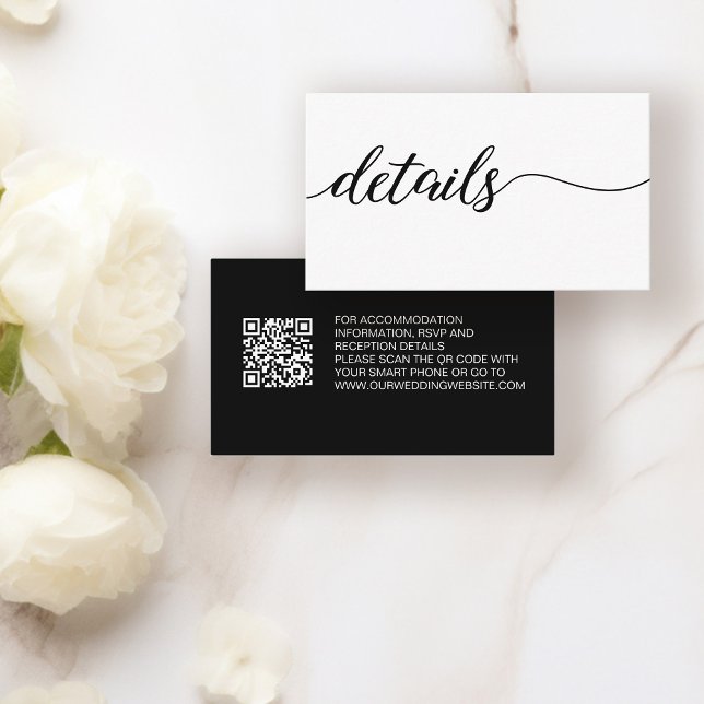 Carte de détails minimaliste du mariage (Black and white details wedding website qr code wedding insert enclosure card)