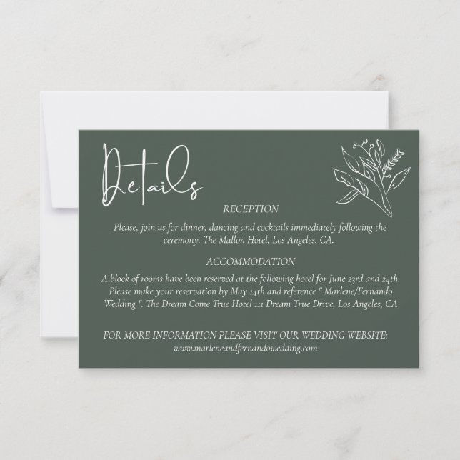 Carte de détails minimaliste du Mariage floral (Devant)