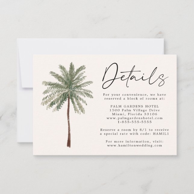 Carte de détails minimaux du Mariage Palm Tree (Devant)