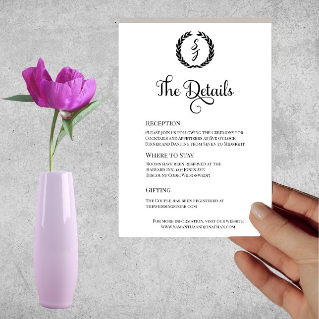 Carte de détails noir Elegant Monogram Wreath Whit (Créateur téléchargé)