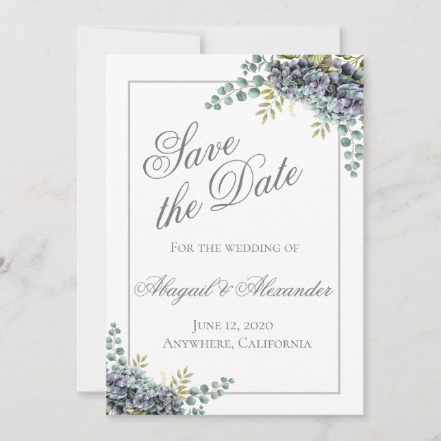 Carte de Faire-Part avec Hydrangeas Violets et Euc (Devant)