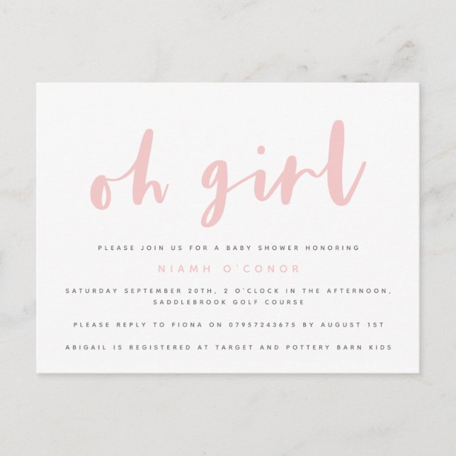 Carte de faire-part de baby shower pour fille. (Devant)
