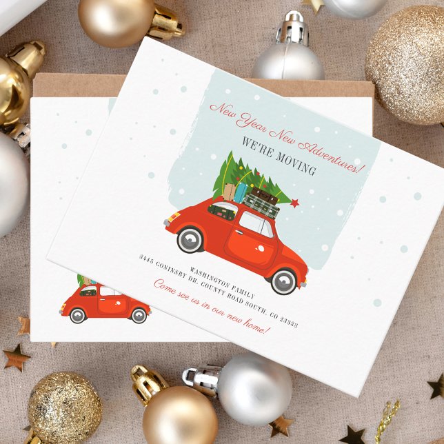 Carte de Faire-part de déménagement pour le nouvel (Modern Moving Announcement Red Card with Tree New Year Moving Announcement)