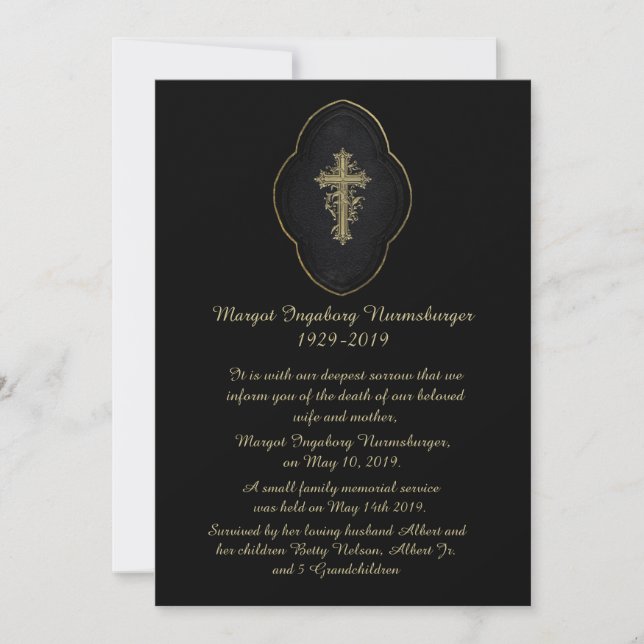 Carte de Faire-part de la mort noire Gold Cross (Devant)