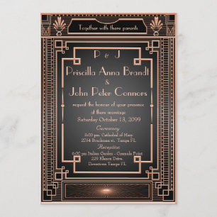 Carte de faire-part de mariage, art déco, noir, or