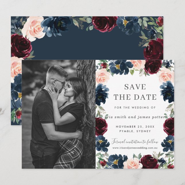 Carte de faire-part de mariage avec photo florale  (Devant / Derrière)