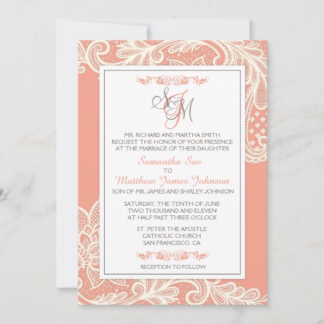 Carte de Faire-part de mariage Coral et Blanche (Devant)