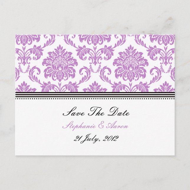 Carte de faire-part de mariage en damas violet (Devant)