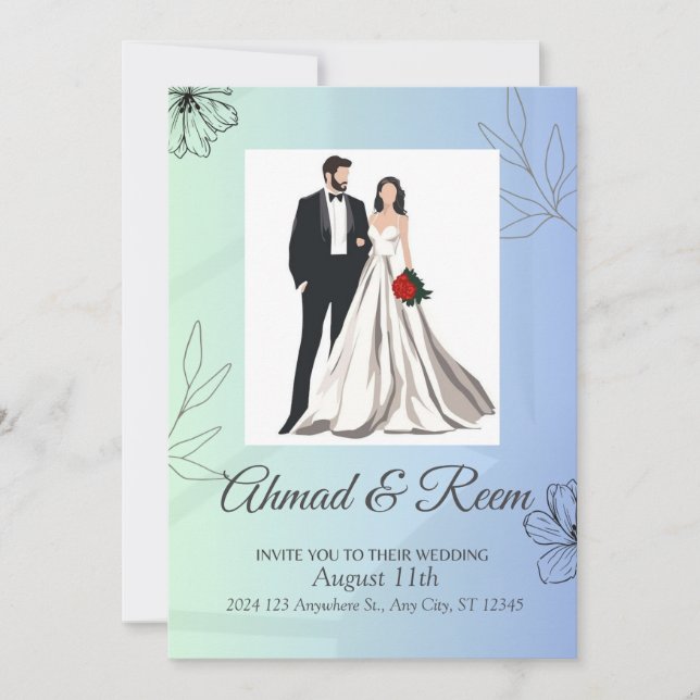 Carte de Faire-part de mariage Floral Bleu Personn (Devant)