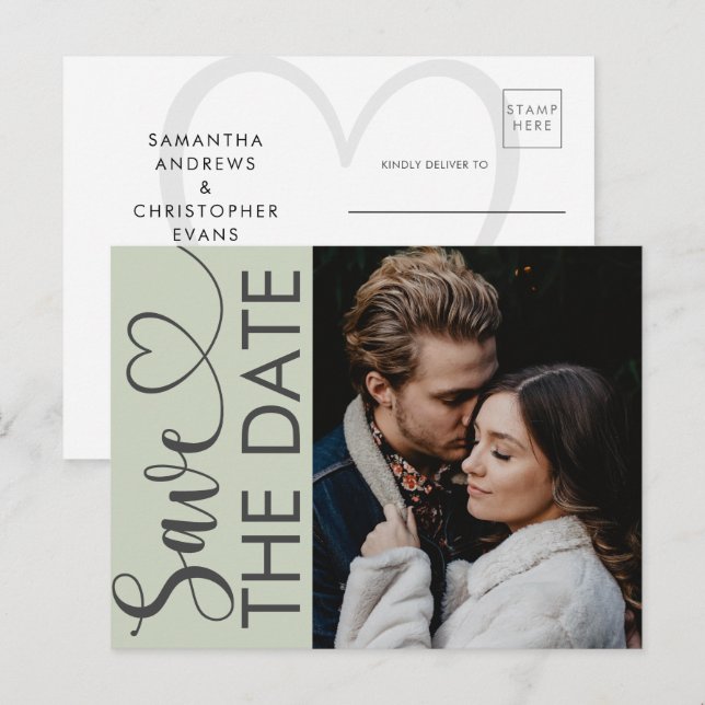 Carte de faire-part de mariage photo et cœur vert  (Devant / Derrière)