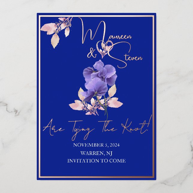 Carte de faire-part de mariage Royal Blue avec fle (Recto)