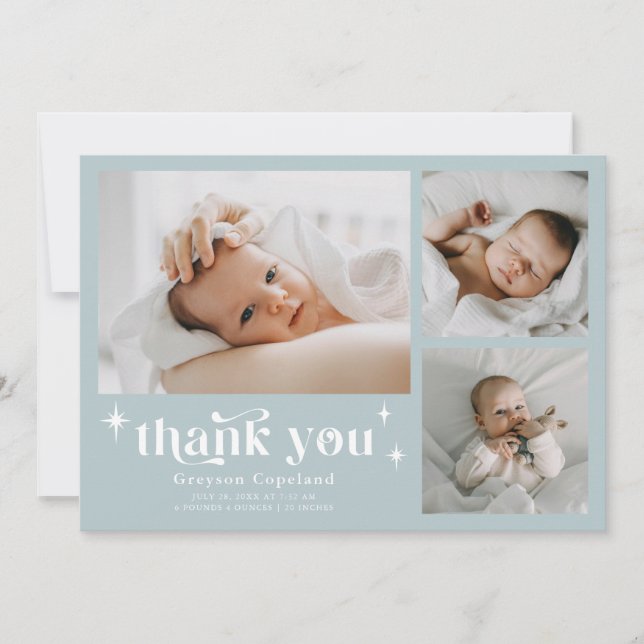 Carte de Faire-part de naissance bleue Retro Stars (Devant)