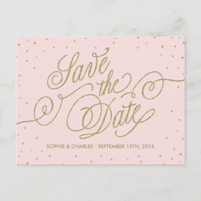 Carte de faire-part élégante rose et or avec des é (Devant)