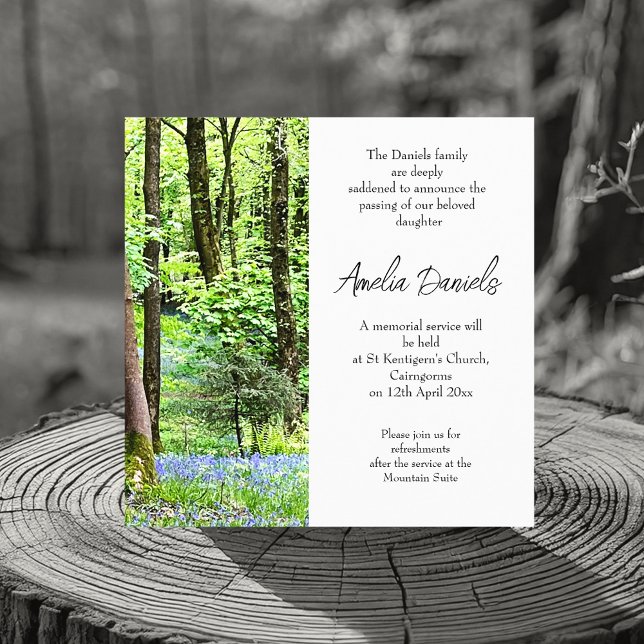 Carte de Faire-part funéraire en bois de Bluebell (Elegant funeral announcement cards for a beautiful soul lost too soon.💕)