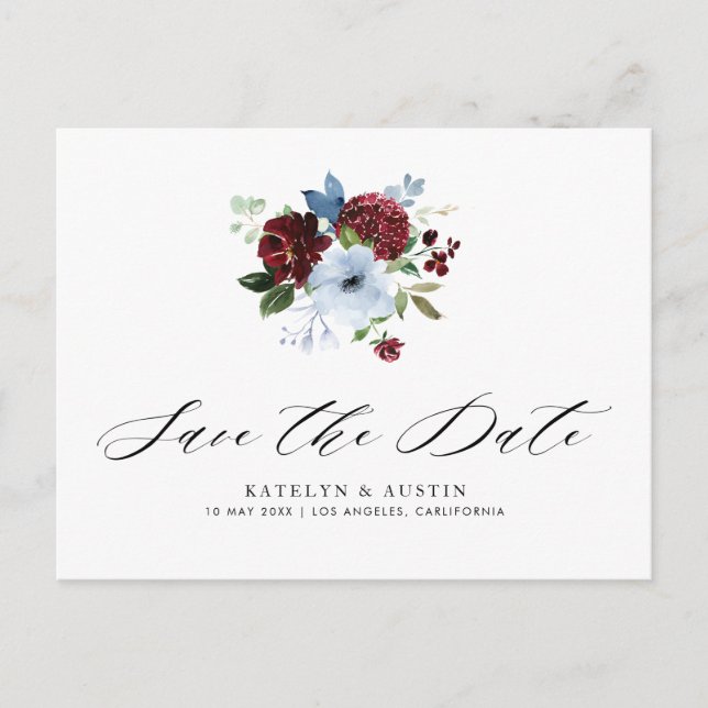 carte de faire-part postale florale bleu poussiére (Devant)