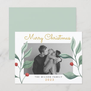 Carte de famille de Noël Watercolor Green & Berry