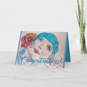 Carte de félicitations Girl with Red Rose Beret