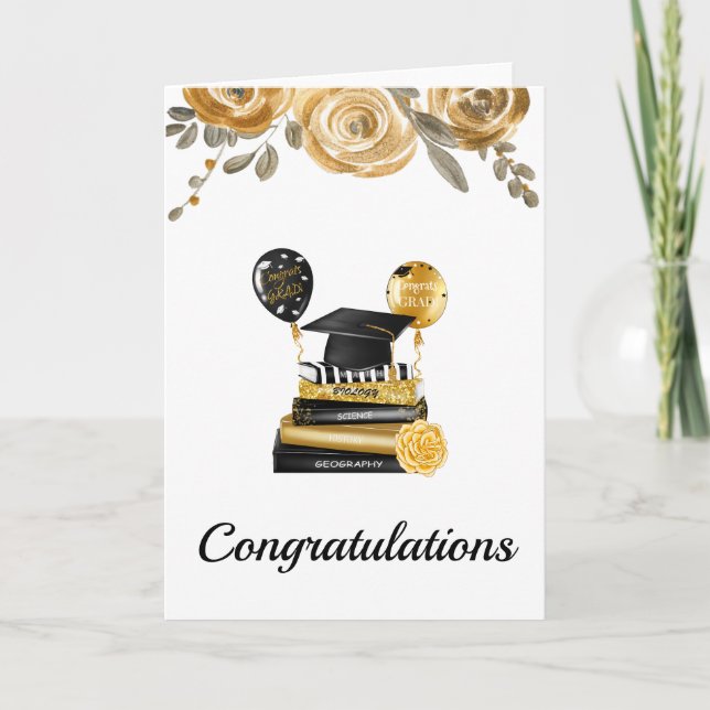 Carte de félicitations Gold Floral Graduation (Devant)