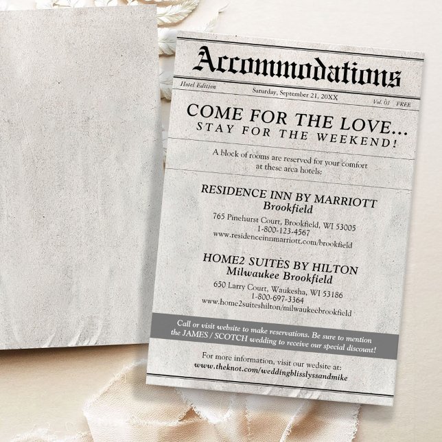 Carte de fermeture de l'hôtel Faire-part de mariag (Unique elegant Newspaper style wedding invitation hotel accommodations enclosure card, black white)