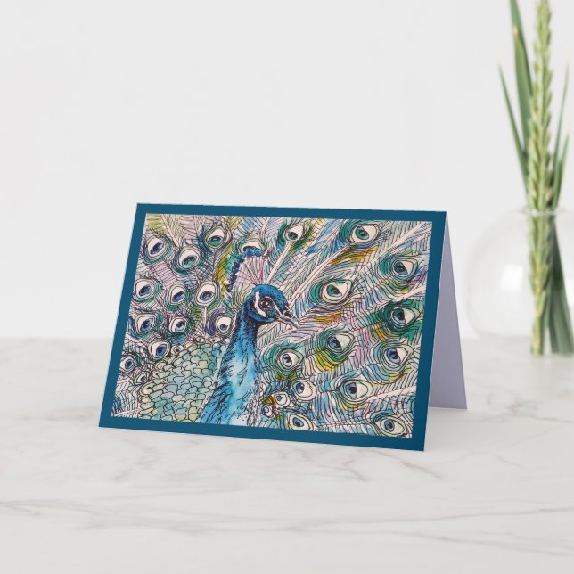 Carte de fête d'anniversaire au paon bleu aquarell (Devant)
