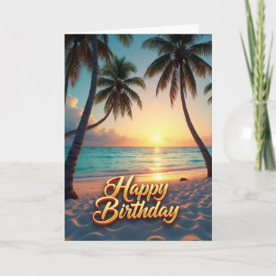 Carte de fête d'anniversaire tropical au coucher d
