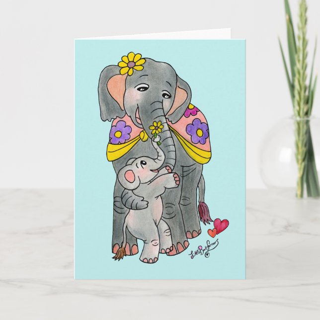 Carte de fête de la mère et du fils éléphant (Devant)
