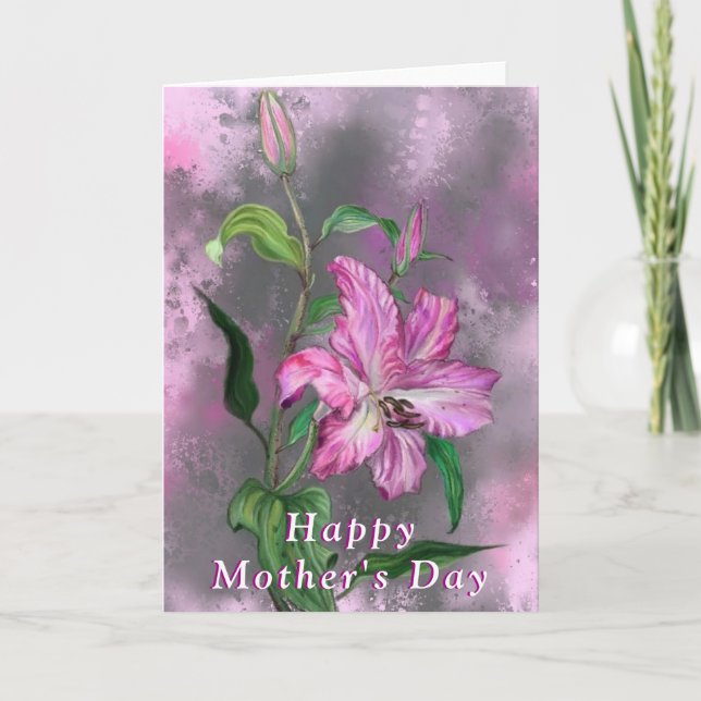 Carte de fête des mères aux fleurs de lys rose vio (Devant)
