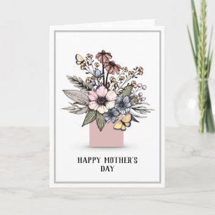 Carte de fête des mères de vase florale tirée à l'