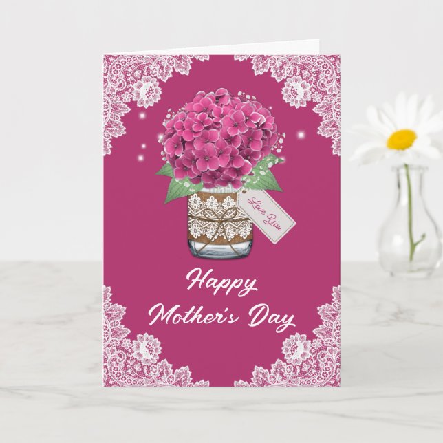Carte de fête des mères en dentelle rose rustique (Petite plante)