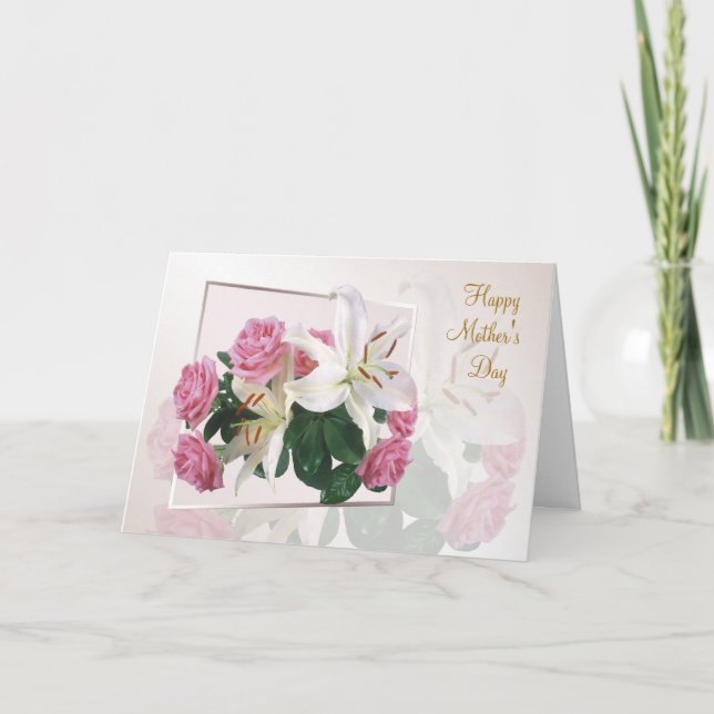 Carte de fête des mères - Lys blancs et roses rose (Devant)