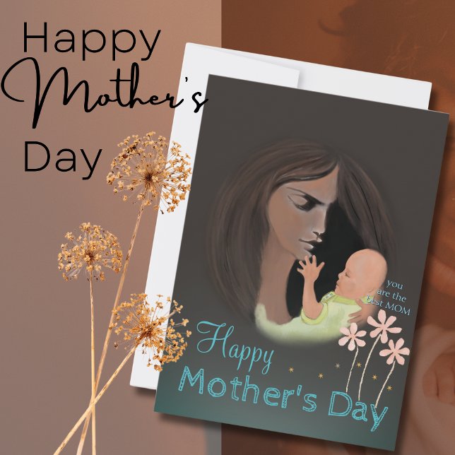 Carte de fête des mères peinte à la main pour les  (Women holding a baby Mother's Day Card)