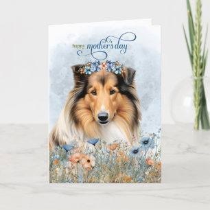 Carte de fête des mères Rough Collie et fleurs sau