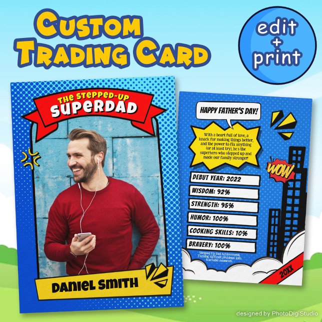 Carte de fête des pères Comic Steup Papa Trading C (Fathers Day Card Comic Stepped Up Dad Trading Card)