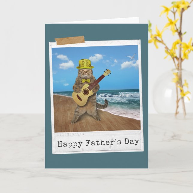 Carte de Fête des pères Happy Chat Guitare (Fleur jaune)