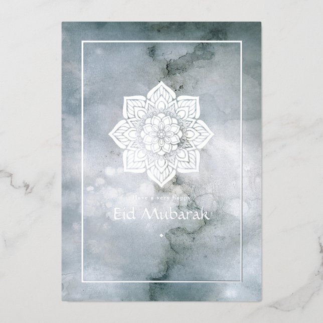 Carte de fête Eid Mubarak argentée à motif marbré (Recto)