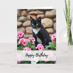 Carte de Fête Élégante avec Chat Noir Floral
