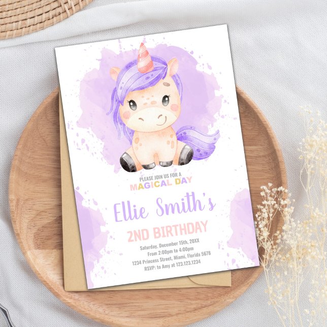 Carte de fête Imaginaire pour filles avec étoiles (Purple Color Unicorn Birthday Invitations)