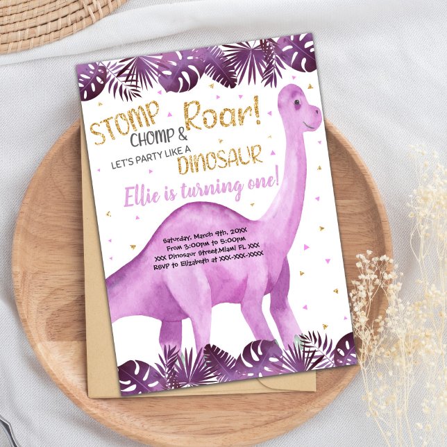 Carte de fête Roarsome mignonne pour filles (Pink Glitter Dinosaur Birthday Invitations)