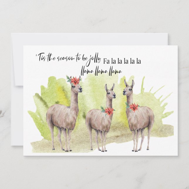 Carte de Fêtes à l'Aquarelle avec des Llamas Drôle (Devant)