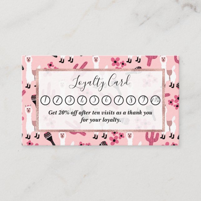 Carte De Fidélité Adorable Llama Maraca Cactus blanc rose floral (Devant)