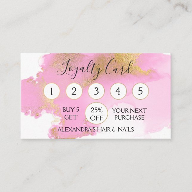 Carte De Fidélité Aquarelle moderne rose et or Paillettes de fidélit (Devant)