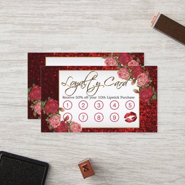 Carte De Fidélité Artiste maquillage - Parties scintillant rouge et  (Devant/Arrière en situation)