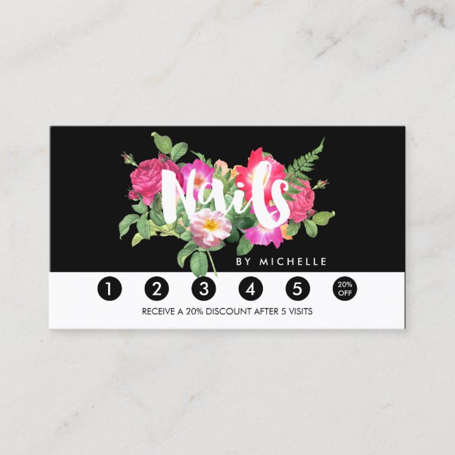 Carte De Fidélité Beauty Florals Nail Salon Black Loyalty Card (Devant)
