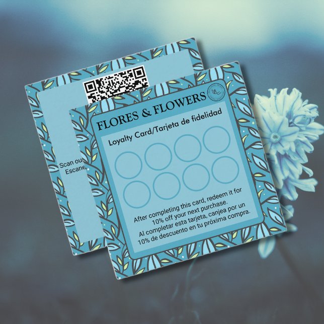 Carte De Fidélité Bleu bilingue/turquoise Feuille espagnol (Loyalty Card Blue Leaves Pattern, Bilingual personalized text, small business. Multilingual Project)