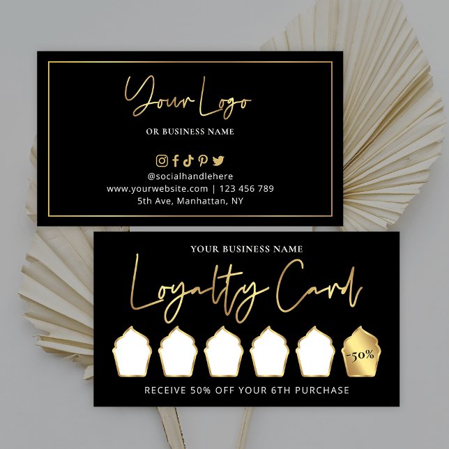 Carte De Fidélité Boulangerie Black & Gold Logo Lux Modern Cupcake C (Glam black and gold cupcake loyalty cards, great for bakers, coffee shop or pastry chefs)