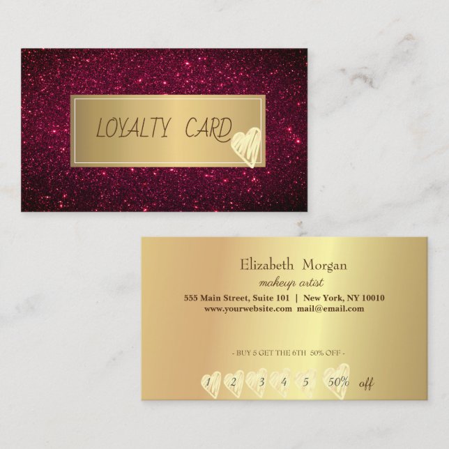 Carte De Fidélité Cadre Or Élégant, Coeur Parties scintillant Rouge (Devant / Derrière)