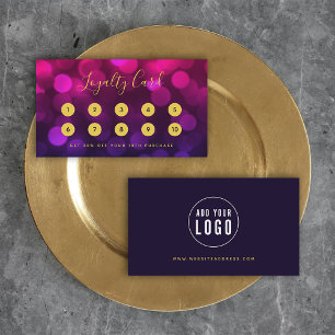 Carte De Fidélité Calligraphie moderne Magenta Blue Bokeh Lumières